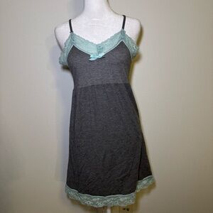 Grey And Mint Lace Trim Mini Slip Dress Nightgown Chemise